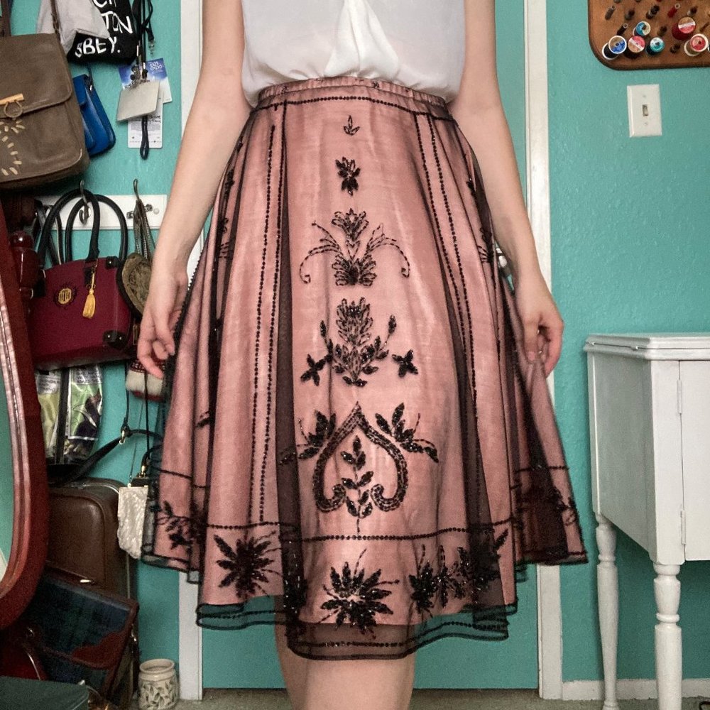 Beaded Full A-Line Black and Pink Skirt